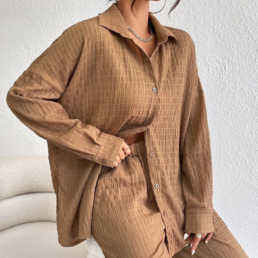 Brown Casual Women's Solid Drop Shoulder Shirt & Wide Leg Pants